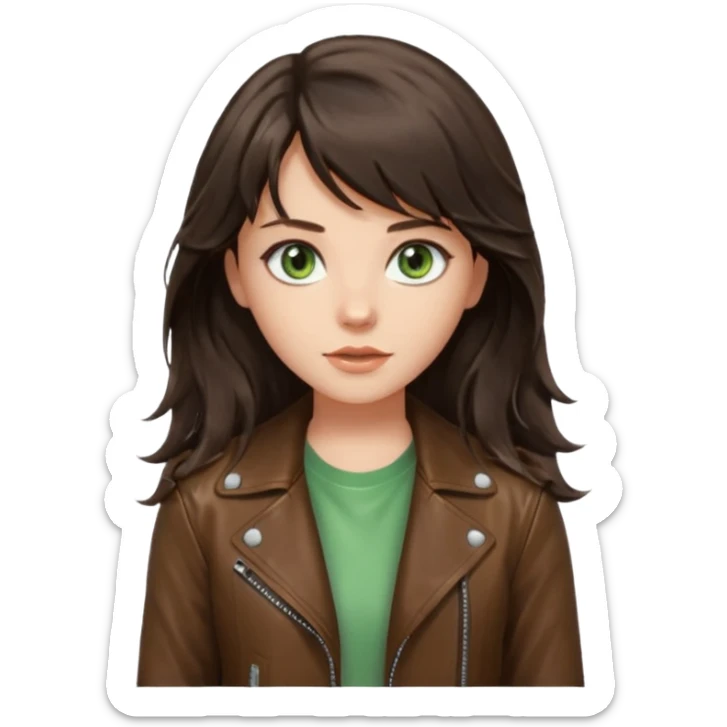 Beautiful girl, dark brown hair, wavy hair, long hair, light green eyes, brown leather jacket, white t-shirt, hair parted in the middle, bangs curtain, forehead open  sticker