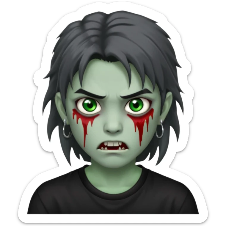 3D emoji-style avatar with grey zombie skin, dark brown hair, a young Asian face, and large green eyes with blood tears. Give it white litle bit messy mullet hair style , silver hoop earrings, and a plain black T-shirt. The face expression should be slightly angry, with vampire fang sticker
