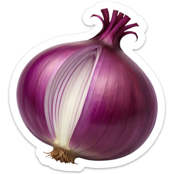 whole red onion, unpeeled, round and slightly flattened, shiny papery skin, purplish-red with striations, dried stem on top, dry root strands at base, clean, dry, slightly reflective, minimal, soft shadows, emoji scale sticker