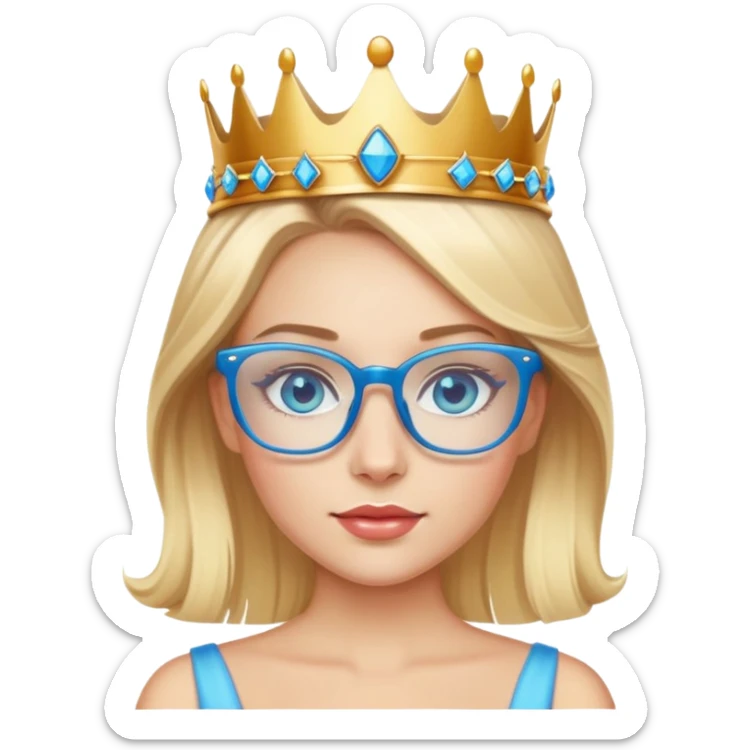 beautiful princess with blonde hair, bright blue eyes, wearing stylish glasses and a crown sticker