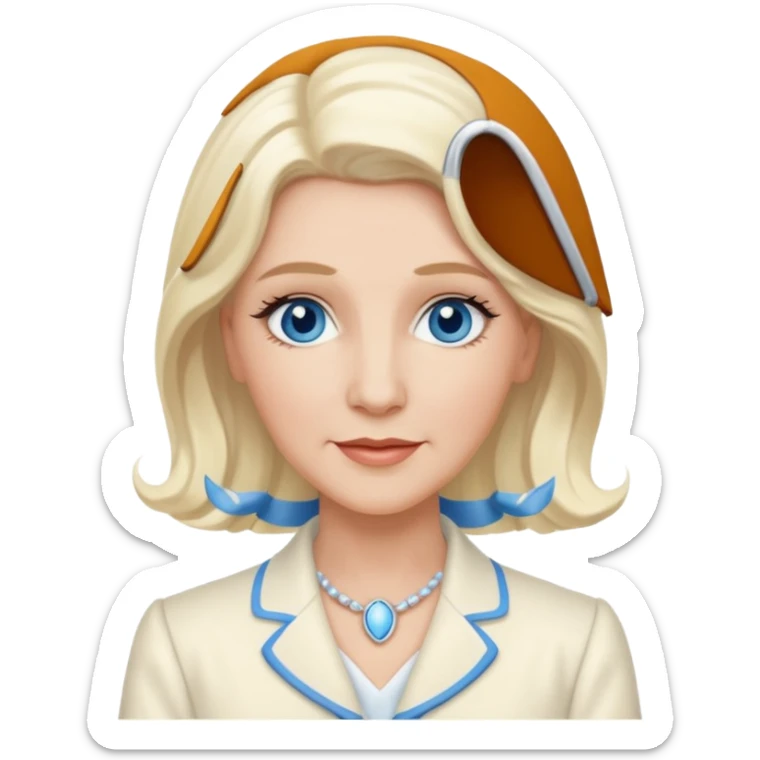 Patty Andrews from the Andrews Sisters with long platinum blonde hair, blue eyes, ivory outfit sticker