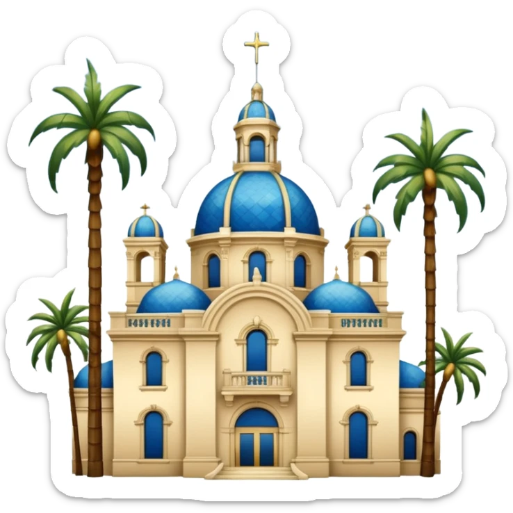 California Building with ornate blue, gold, and green tile dome and adjoining slender California Tower, Spanish Colonial Revival style, baroque details, palm trees, simple, no text, white background, version 5 sticker