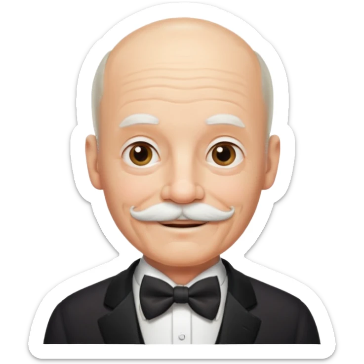 emoji of a gentleman in his 70s, bald with white mustache, wearing a bow tie, gentle expression sticker