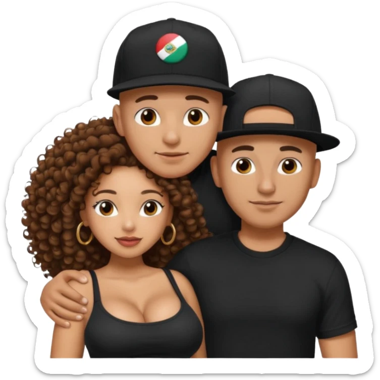 A picture of a tanned couple embracing. the guy is Mexican, with a bald hair cut and he has a SnapBack hat on. The girl is mixed, the girl is wearing a black shirt, the girl has brown curly big hair and the girl has big boobs  sticker