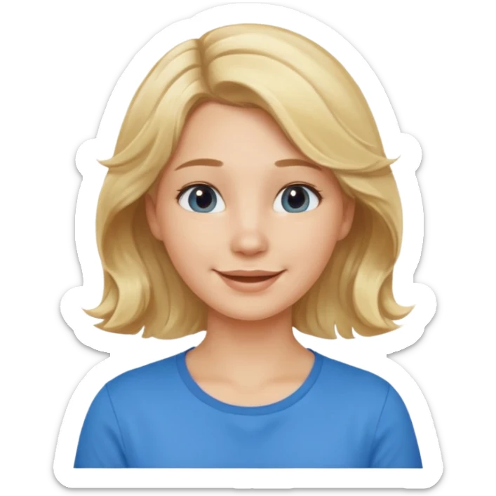 Happy blond girl with light weavy hair with a blue shirt but we can see only her face and neck and the top of the t shirt, no whole body sticker