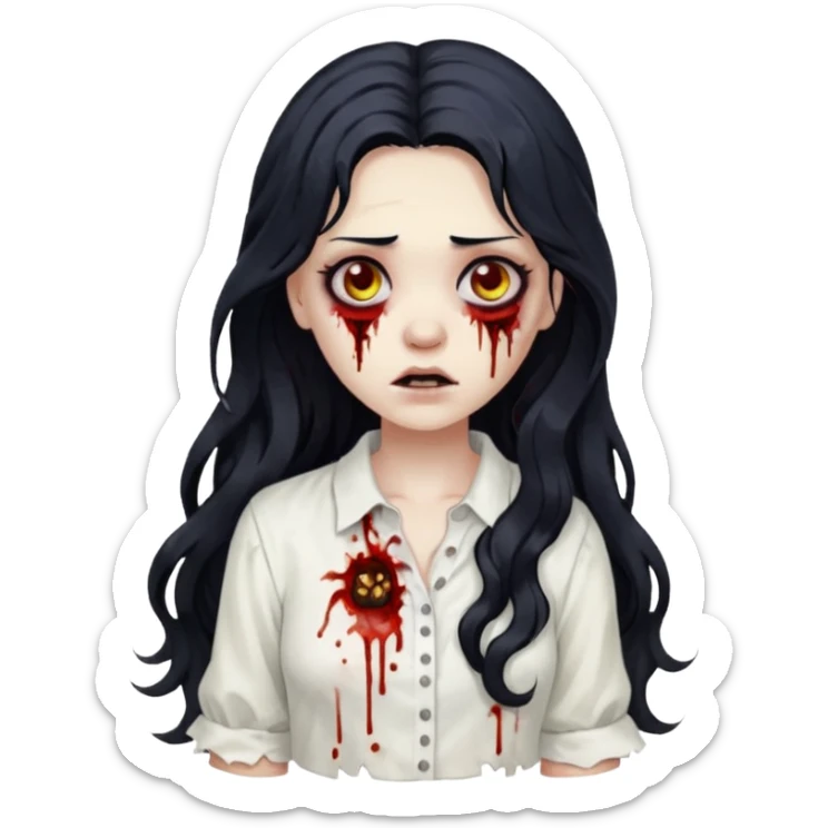 garota zumbi com cabelo preto ondulado longo blusa branca sticker