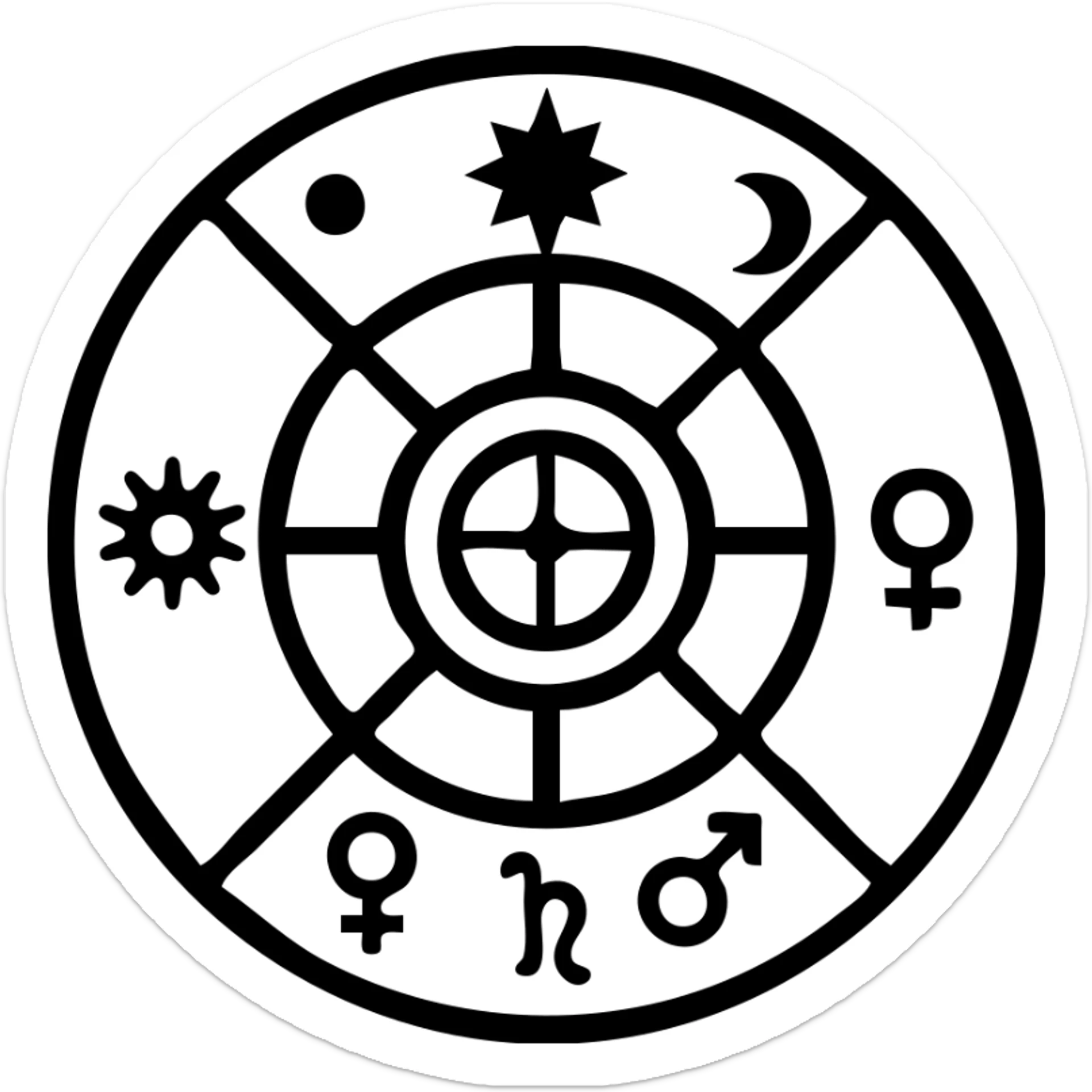 vintage astrology natal chart icon with intricate celestial symbols, mystical and ornate, solid black filled sticker