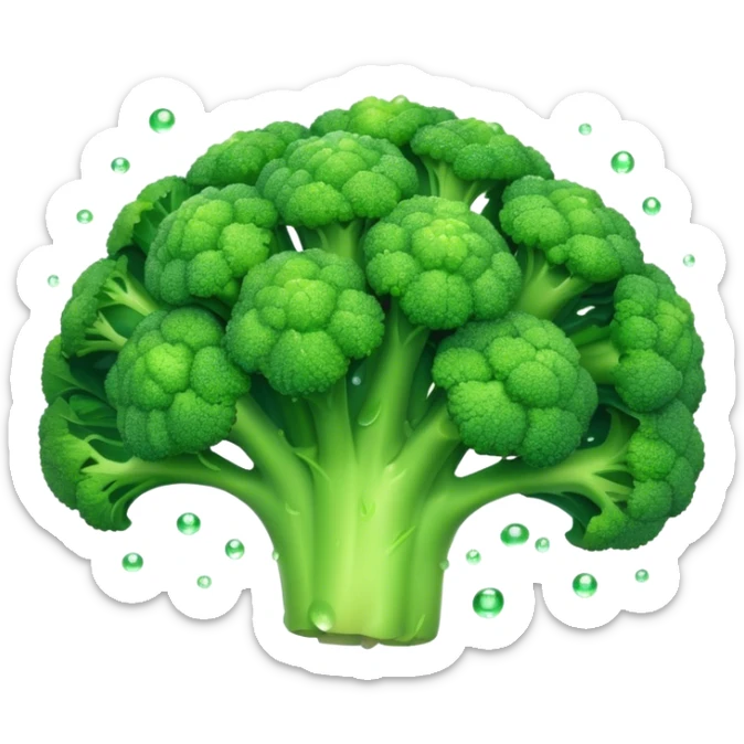 Cinematic lush green broccoli, detailed florets glistening with dewdrops, ultra-fresh and vibrant, soft glowing background, healthy and delicious. sticker