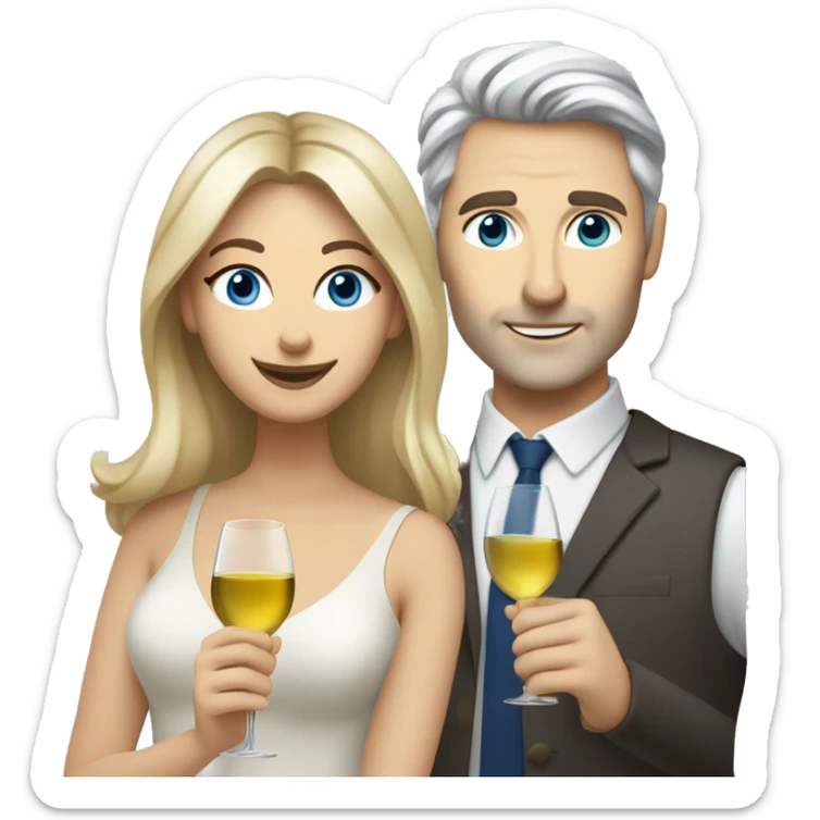 caucasian woman with brown eyes and blond medium long hair and a caucasian man with blue eyes and grey hair, toasting with a glass of white wine sticker