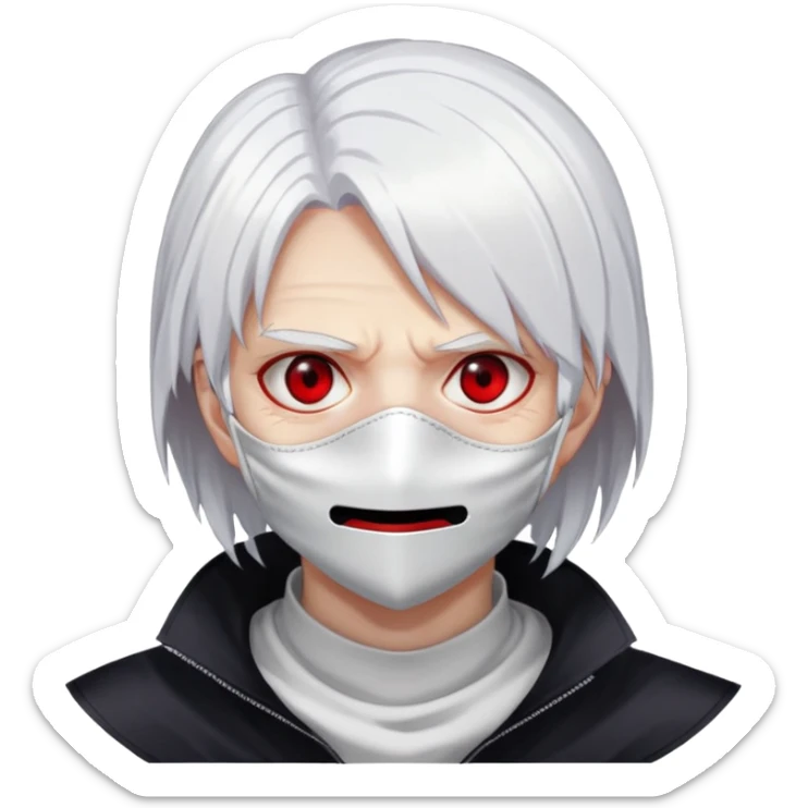 Tokyo ghoul aggressive facial expression, mask covering mouth, white hair, red eyes sticker