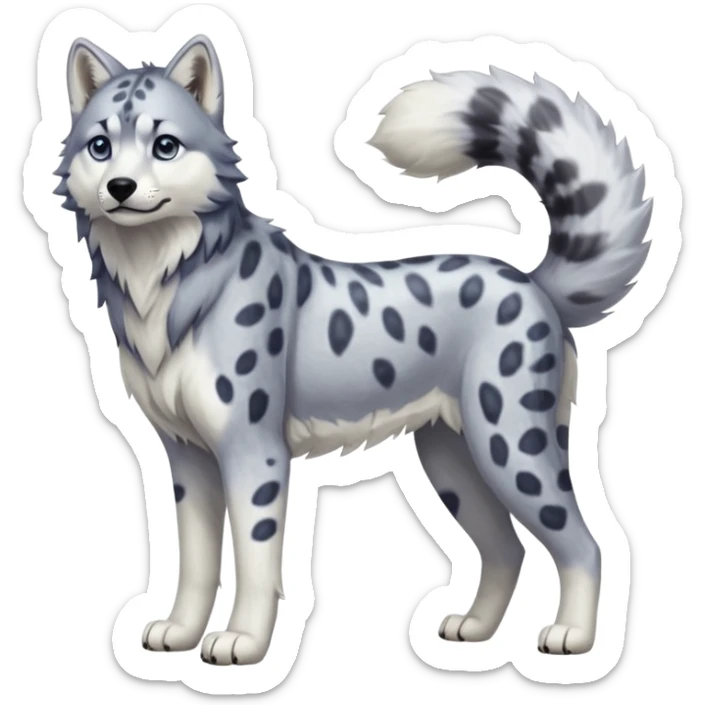 Realistic lanky natural feral beautiful pretty "Schnolf"-"TaniDaReal"-Husky-Snow-leopard-wolf-hybrid-fusion-animal-creature, full body, with whiskers, thick long fluffy puffy limp feline tail sticker