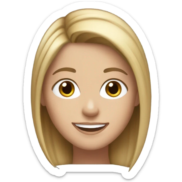 White girl with medium length brown hair with blonde highlights in denim smiles sticker