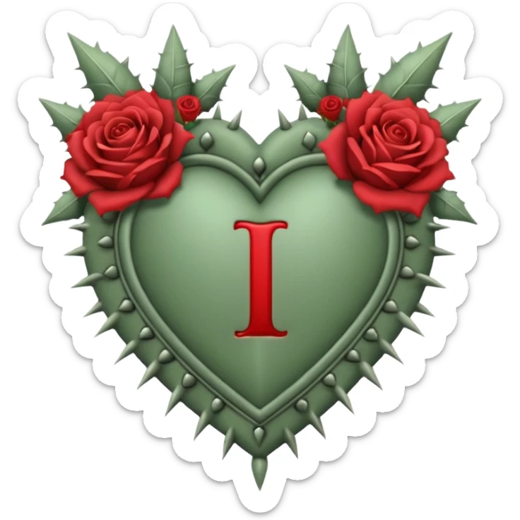 Can you make a sage green heart with a gothic design, I want roses and spikes around the heart. In the middle of the heart the letter I sticker