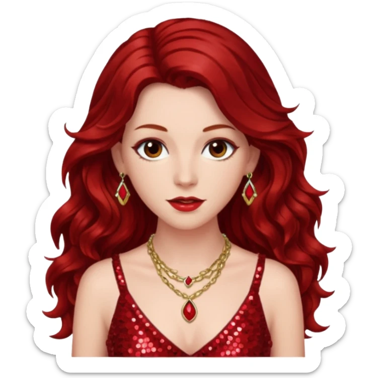 Chappell Roan, Pop Singer (b.1998) with long dark red wavy hair, red sequin dress and necklace sticker