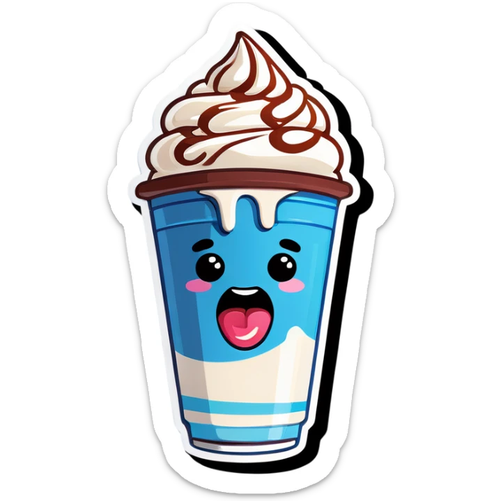 A milkshake with a face, mouth, and eyes as a fast food restaurant mascot sticker