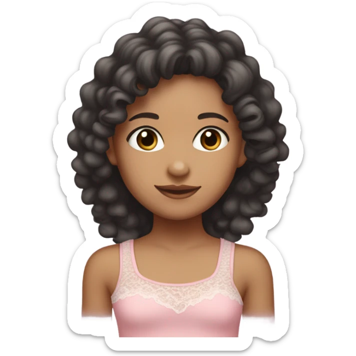 a girl emoji, mixed race, tan girl, dark grey almost black eye colour, long hair dark brown curls. Wearing a lace trim baby pink tank top with a small bow on shirt. sticker