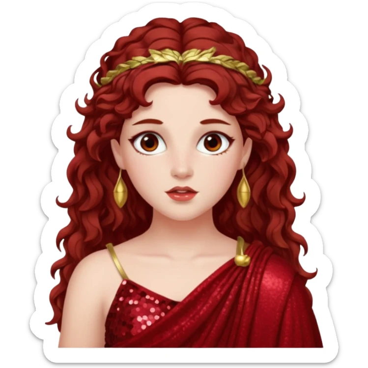 Persephone from Greek Gods with long dark auburn wavy hair, deep red sequin toga sticker