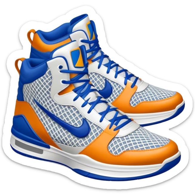 Cinematic Realistic image of a pair of basketball sneakers featuring detailed mesh and leather textures, vibrant color accents and dynamic design lines, illuminated by bold, high-energy arena lighting sticker