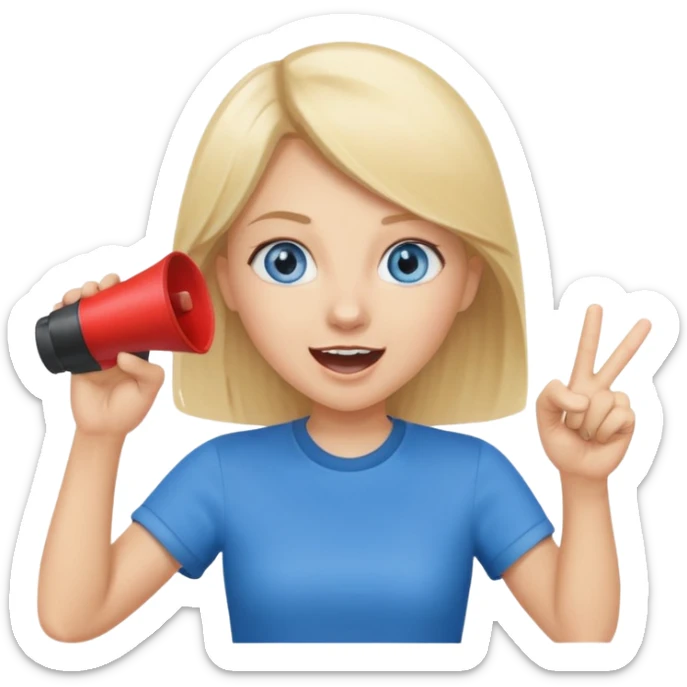 blue eyes blonde girl yelling into megaphone and holding up 1 finger in the other hand smiling sticker