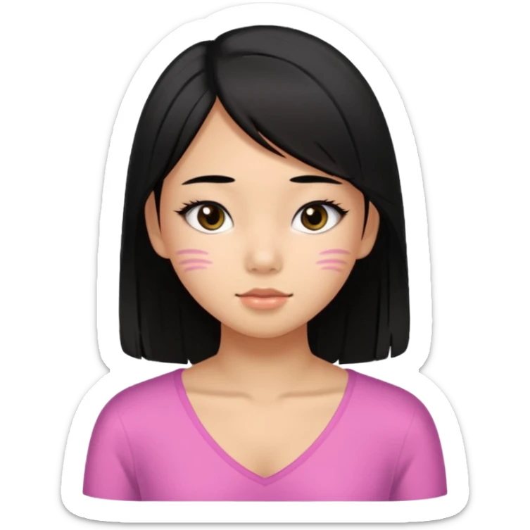 a tan chinese-american 15 year old girl with straight black hair down to her chest. mascara and a little blush. sticker