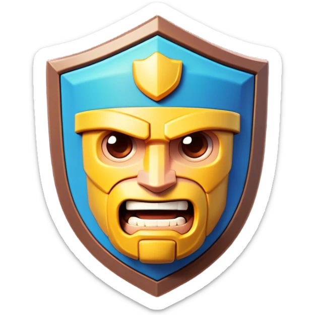 Clash of Clans aesthetic: Cinematic Playful Pixel 3D Shield Portrait Emoji, rendered in a 3D vector-style similar to standard emojis with minimal shading and bold, simplified shapes. A compact, distinct form with signature details, softly glowing with a pixelated adventure charm. Simplified yet unmistakably iconic, highly detailed and consistent, glowing with a soft radiance and high shine. Stylized with a touch of classic pixel-art charm and a soft glowing outline, capturing the essence of a beloved gaming relic with a friendly, playful manner! sticker