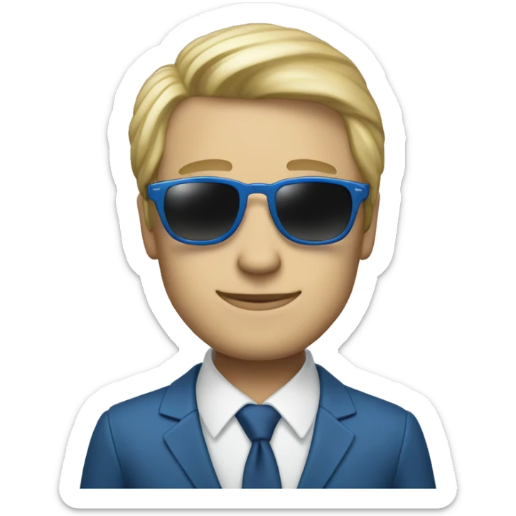 A man with sunglasses  a blue suit and a white skin color and peace vingers sticker