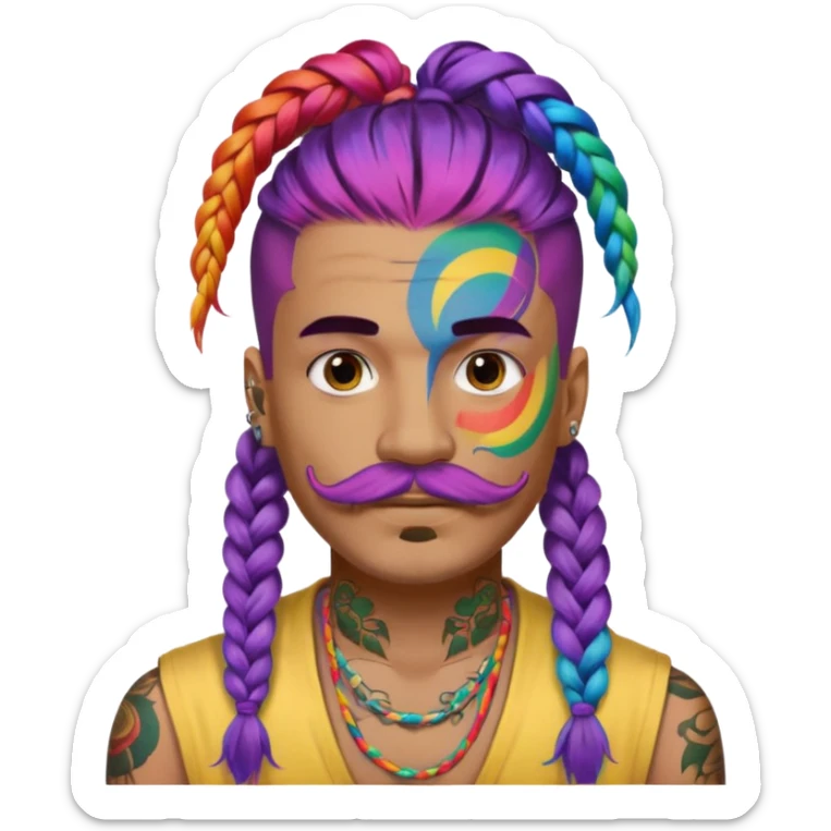 big lose braids starting from the top sides of the head hair like a unicorn man with mustache face wiith big visible loose only two braids and lots and lots of colored face tattoos colored tattoos like a tattoo artist hair unique color sticker