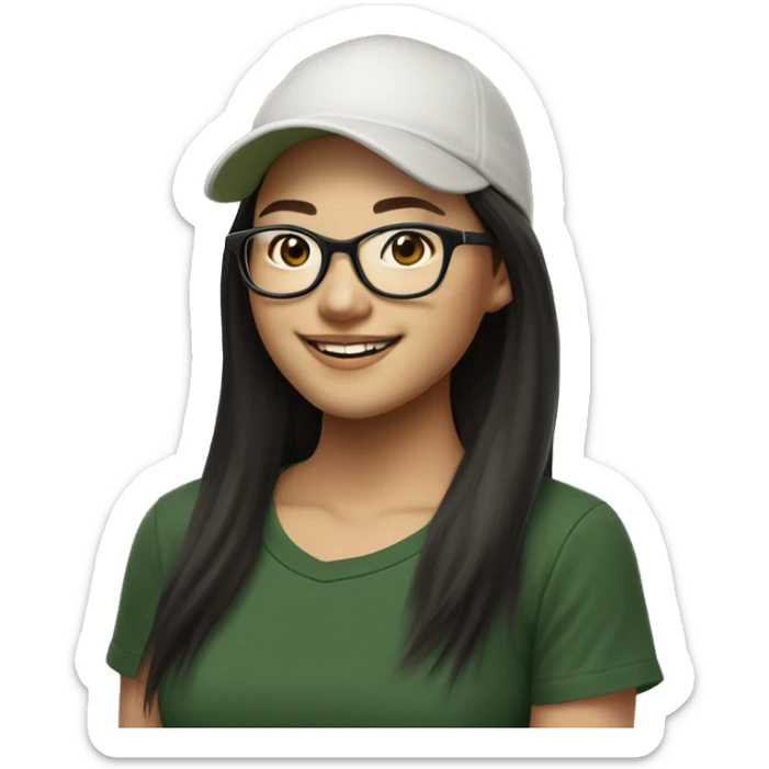 Hyper realistic, look from side, asian adult woman, light white skin, smiling with teeth, black eyes, spotted frame glasses, long brown straight hair with highlighted strands, black T-shirt, dark green cap. sticker