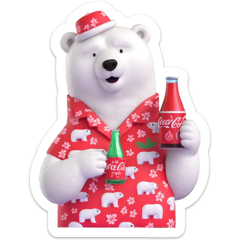 polar bear in a Hawaiian shirt decorated with Coke bottles, holding and drinking a Coca-Cola sticker