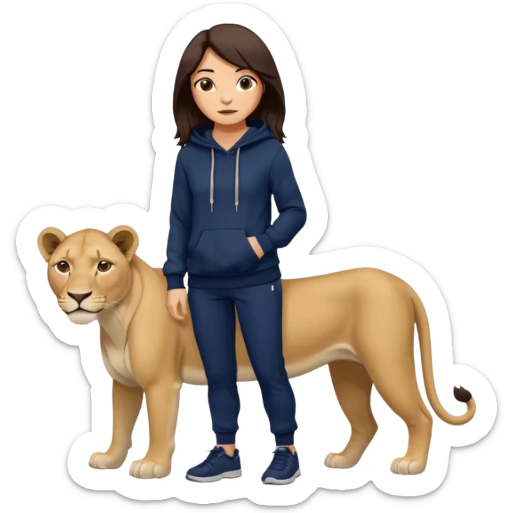 León tierno que sea mujer con pantalones guangos color azul marino y una sudadera negra con cabello suelto color castaño obscuro sticker