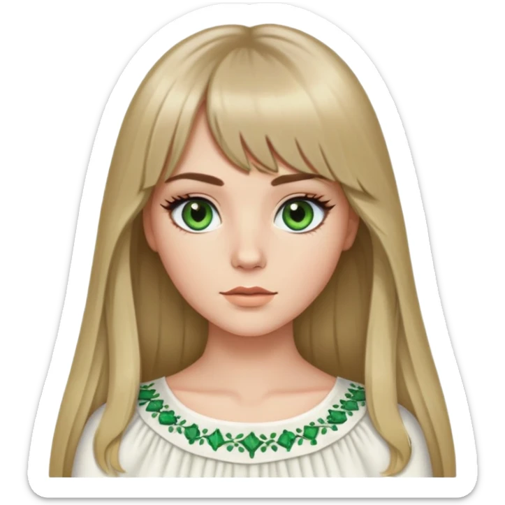 White girl with long darkblonde hair, curtain bangs, A middle part and green almond eyes, long black lashes and a white top sticker