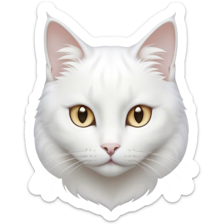 Cinematic Noble White Cat Portrait Emoji, Poised and stately, with a pristine, snow-white fur accented by delicate hints of silver, refined whiskers and a serene, focused gaze, simplified yet impeccably detailed, glowing with an ethereal radiance and timeless elegance, high shine, exuding calm intelligence and regal simplicity, soft glowing outline, capturing the essence of a noble white cat that radiates quiet majesty! sticker