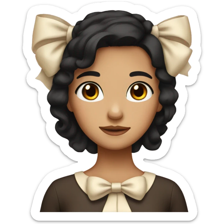 Cute Tan girl with black hair and brown eyes wearing a cream bow sticker