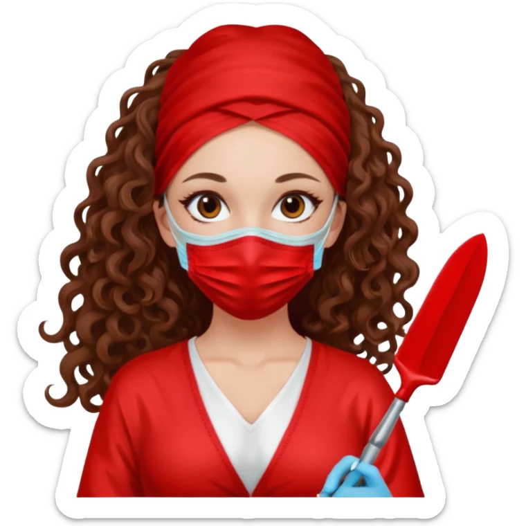 Lilith symbol seductress long curly hair evil surgeon.  brown hair. Red surgical mask and hair covering. She works for cartel and kills  with a scalpel. sticker