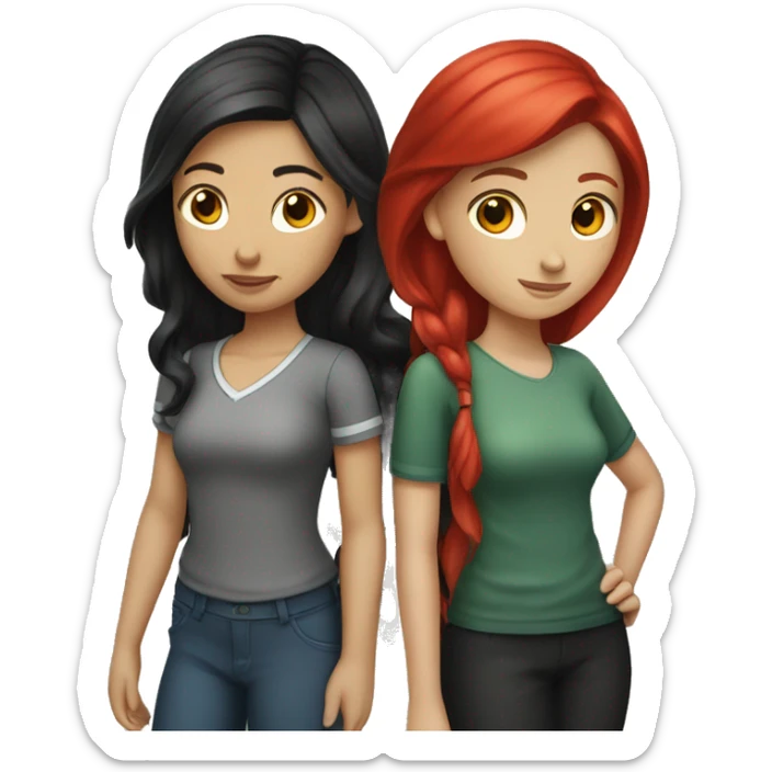 "Two high school girls with fair skin, one with black hair and the other with red hair." sticker