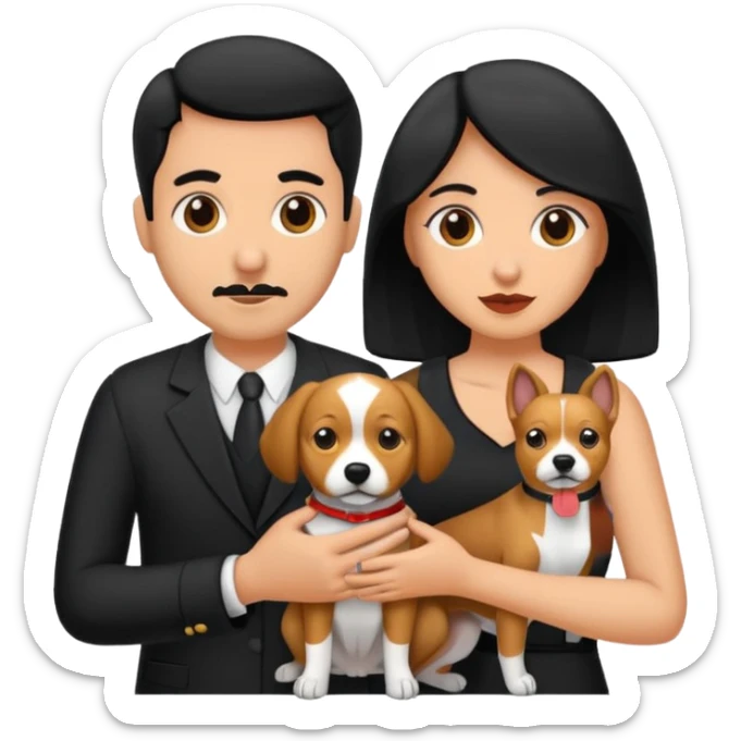 Pareja hombre y mujer, pelo negro ambos, y con dos perritos pincher en sus brazos sticker