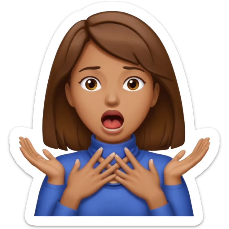the woman emoji with brown hair and tan skin choking herself out with both hands on her neck with her mouth open sticker