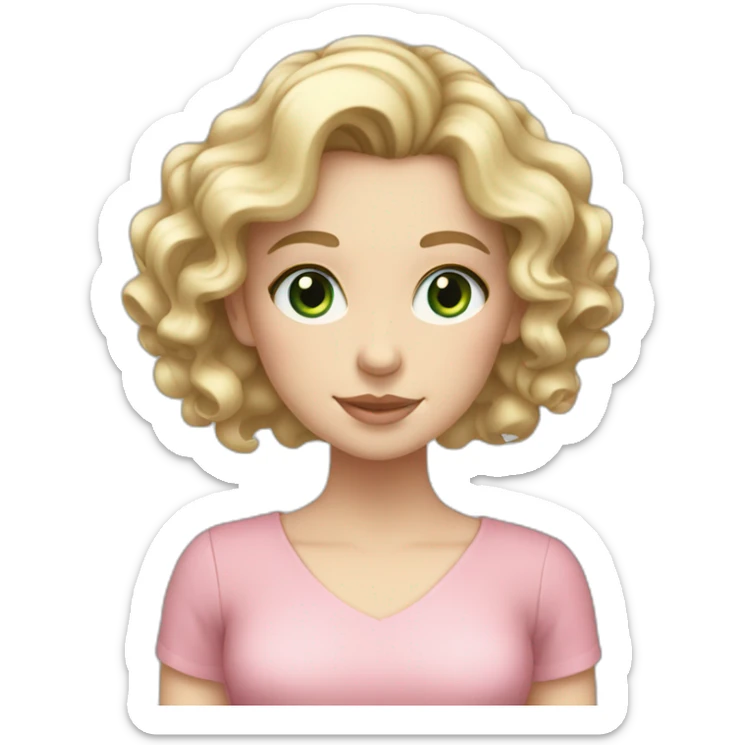 White girl with round face, long curly blonde hair grey-green eyes, pink dress sticker