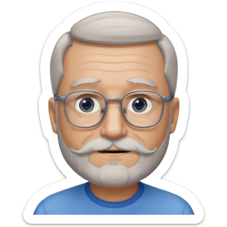 Create me an emoji of an old man. Gray really short size hair. Gray follow-up full beard. Squarer Glasses. Blue eyes. Little smile sticker