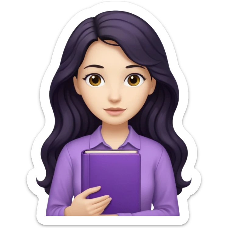 Long Hair Women with purple Book, Black wavy hair, beige shir, without background sticker