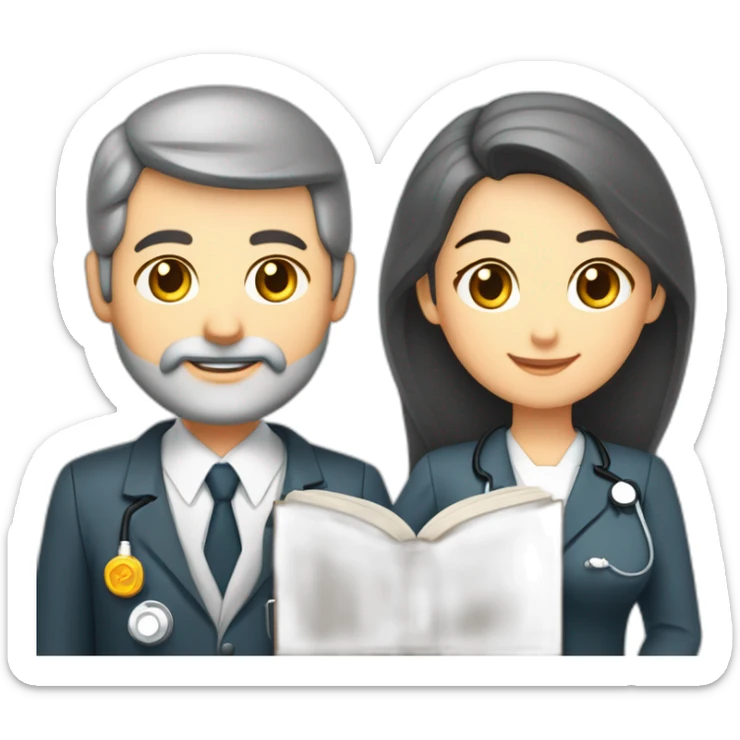 husband executive caucasian middle age dark gray hair trimmed beard business suit and open bible, with wife asian age 55 dark hair nurse uniform nurse cap sticker