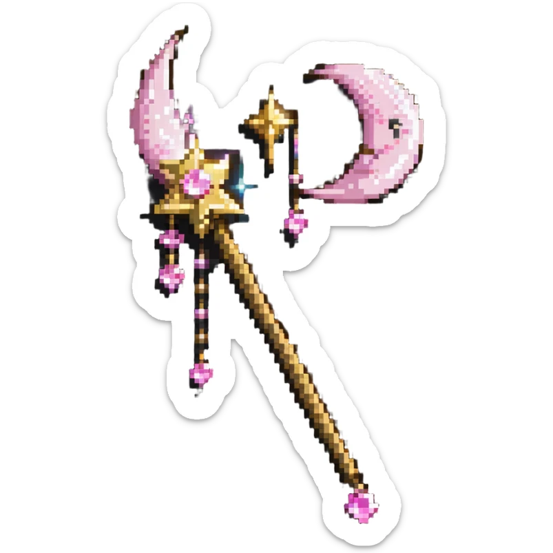 Sailor Moon's Moon Stick, a pink wand with a golden crescent moon on top and a magical pink crystal sticker