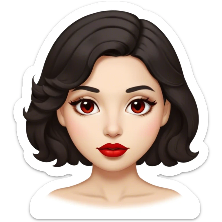 A dark-hair woman slightly curled, with light skin, almond shaped eyes, red lipstick. She has 2 beauty marks : a beauty mark on the right cheek and a beauty mark just above the lip on the left side sticker