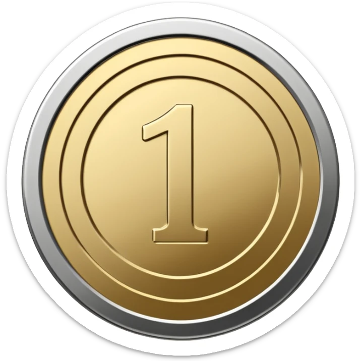 Emoji icon of a metal coin with engraved number 1, minimalist style, isolated, only metal color sticker