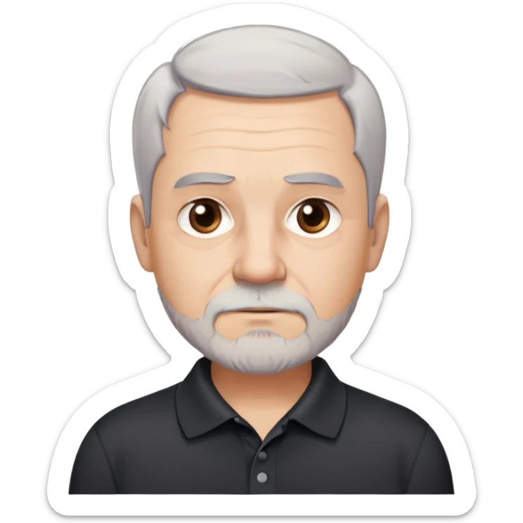 Charismatic older man in his late 50s with light skin, round face with wide features, expressive dark brown eyes, thick slightly arched eyebrows, short white-gray hair with receding hairline, gray scruff beard, neutral-serious expression, wearing black polo shirt sticker