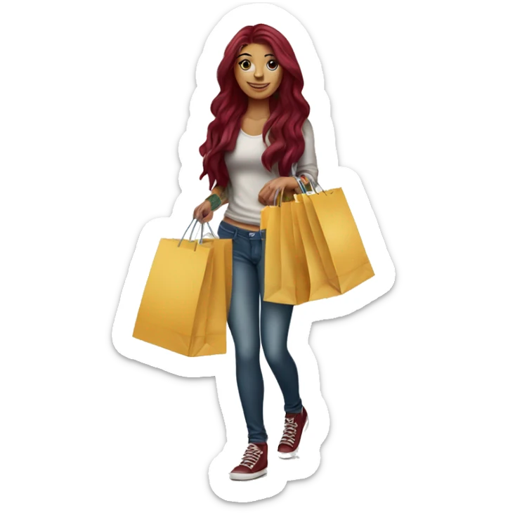 Beautiful tattooed burgundy long haired woman carrying a lot of shopping bags sticker
