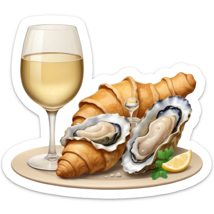 French cuisine humanless avatar in clean emoji-style illustration. 1 Croissant, oysters and wine glass, soft beige tones, simple shapes, flat design, refined and cozy. sticker