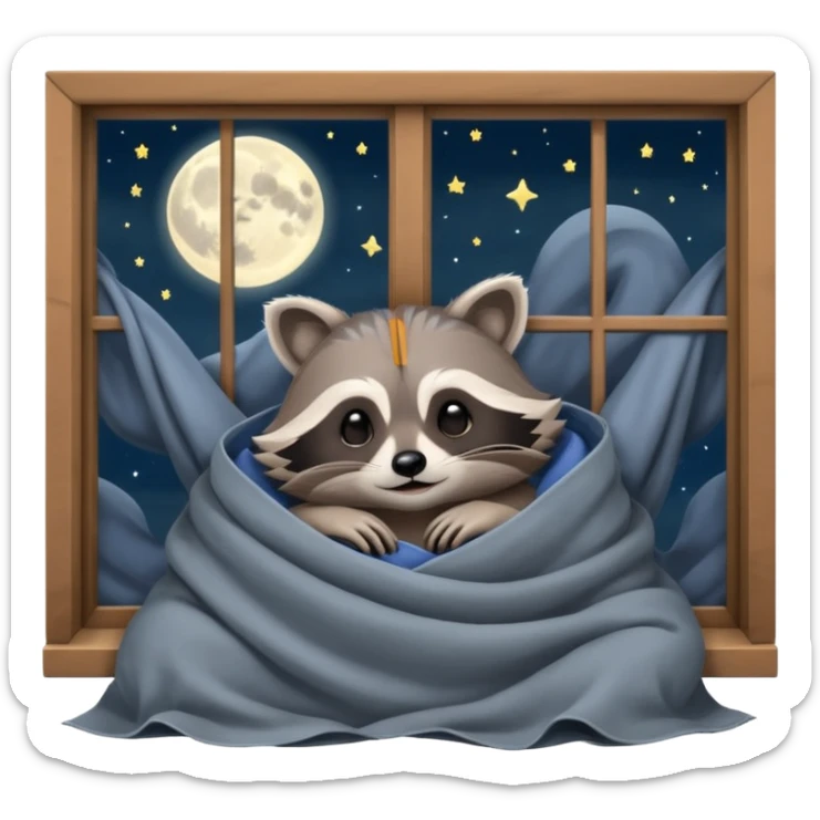 A raccoon sleeps under a blanket against the backdrop of an open window with the moon sticker