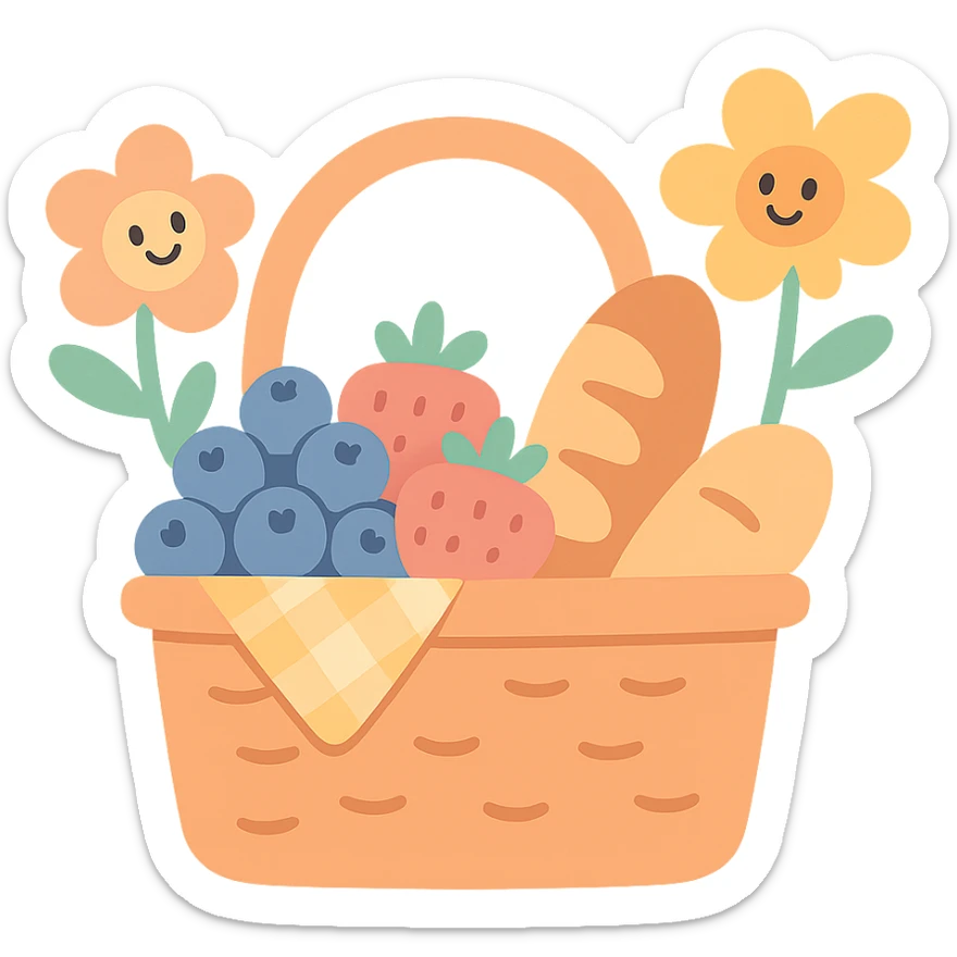 picnic basket with berries, bread, and flowers in warm pastel shades, pastel-toon style sticker