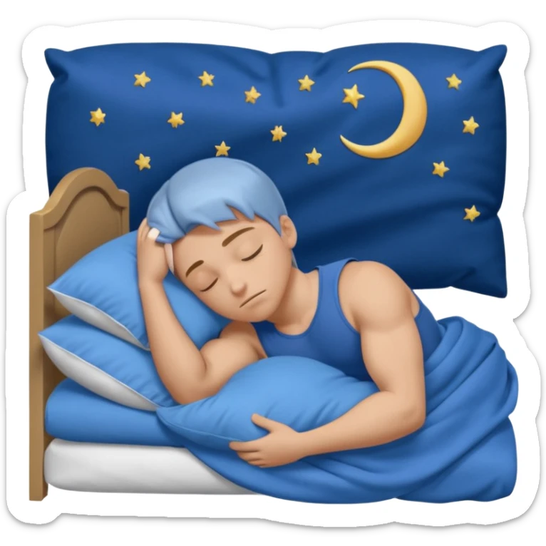 A young muscular male with short dark-blonde hair and medium-light skin, wearing blue cloth. He sleeps on his side, holding a soft white pillow, his head on a smooth blue pillow. A sleeping symbol floats above him in the dark, nighttime scene. A flowing blue blanket with silky folds covers him. sticker